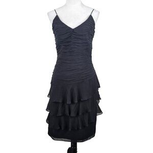 Talbots Womens Black Ruched Lure Silk Cocktail Dress With Ruffled Hem Size 6 Pro